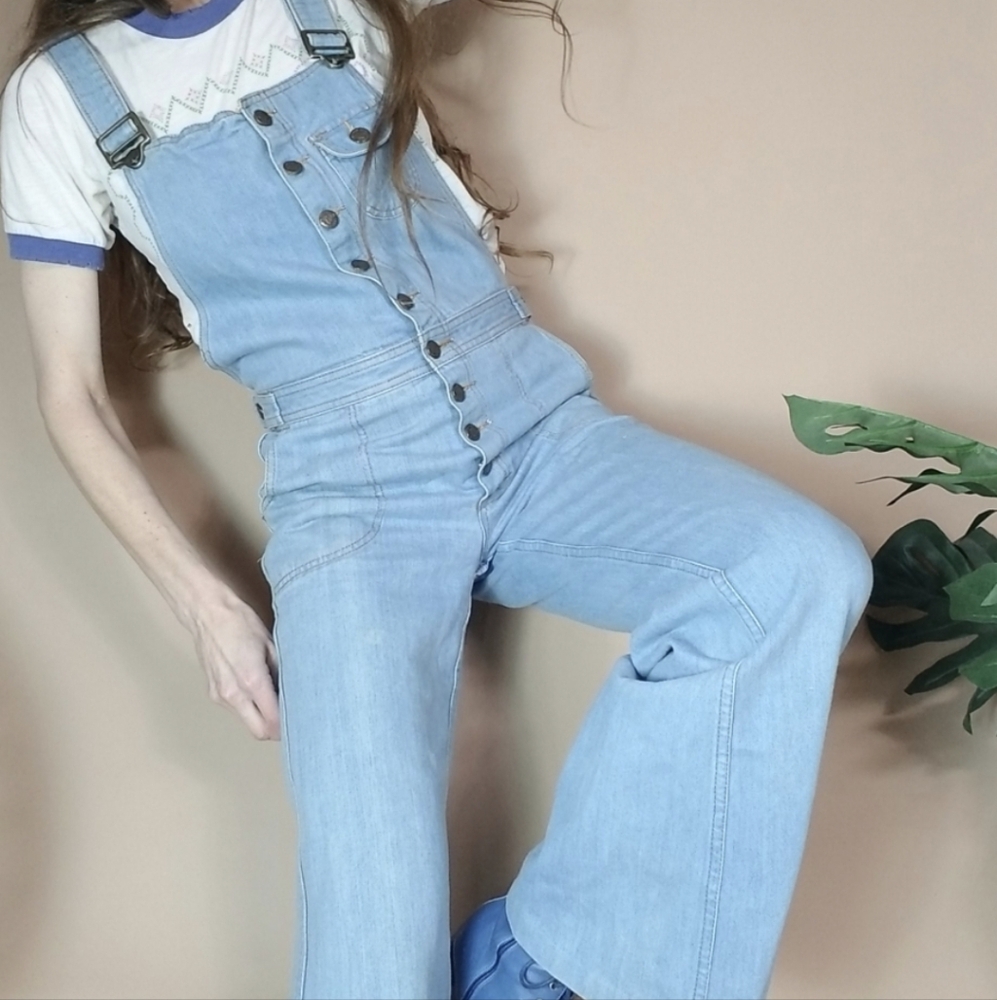 Vintage 70s Denim Overalls Baby Blue Grapevines S